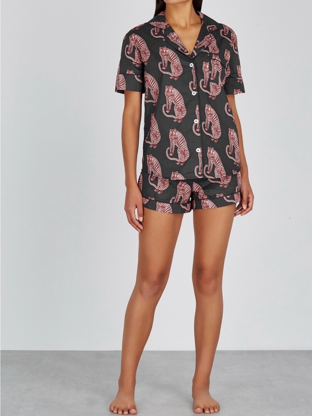 Desmond and Dempsey Sansindo Tiger Print Button Up and Shorts Pajama Set